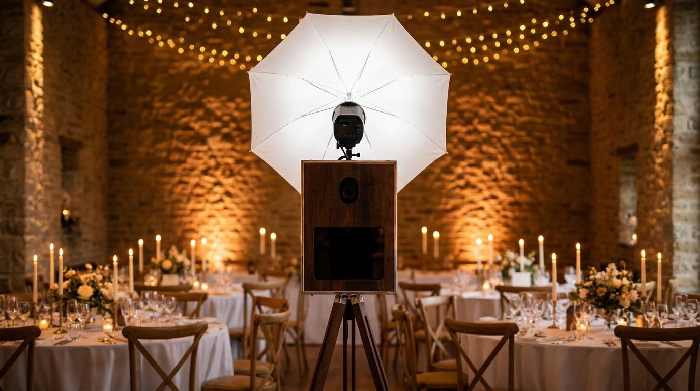The K&A walnut booth with studio flash and umbrella, dressed for a candlelit barn reception